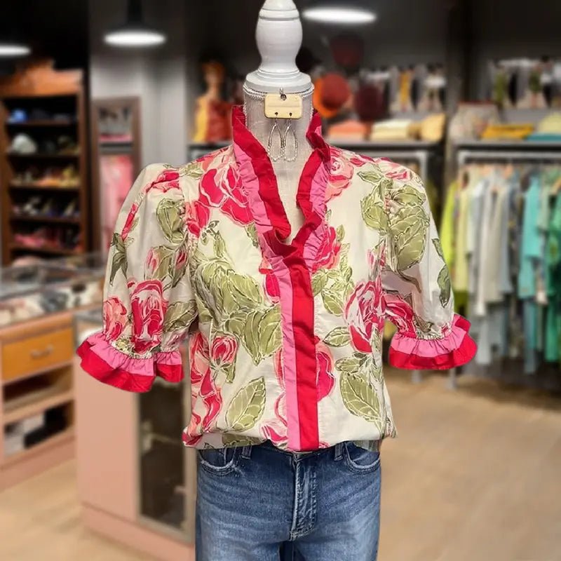 ALITZEL™ - Everyday Sweet Ruffle Stripe Floral Top - Beaumonts Closet Toronto