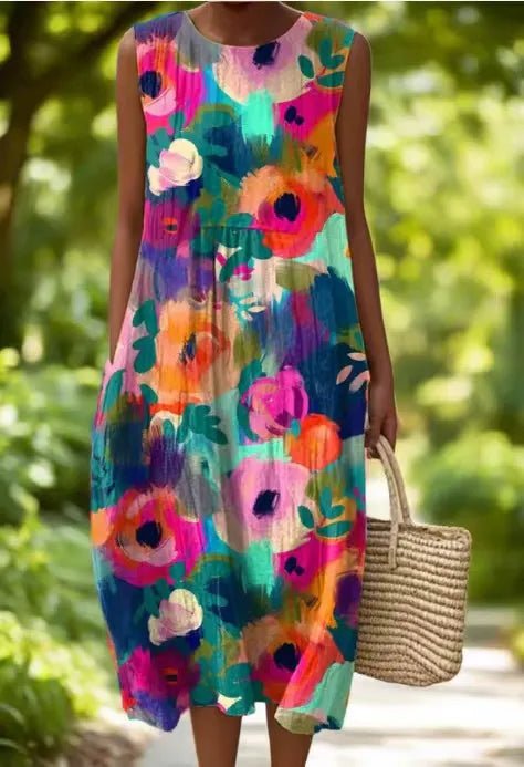 Amelia™ | Colorful Floral Linen Summer Dress - Beaumonts Closet Toronto