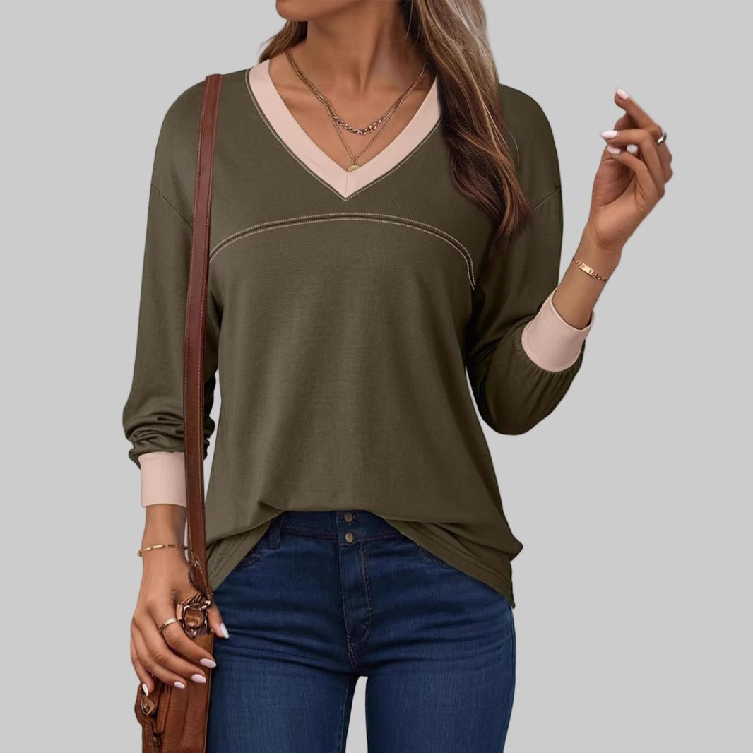 ANESHA™ - Casual Long Sleeve V - Neck Top - Beaumonts Closet Toronto