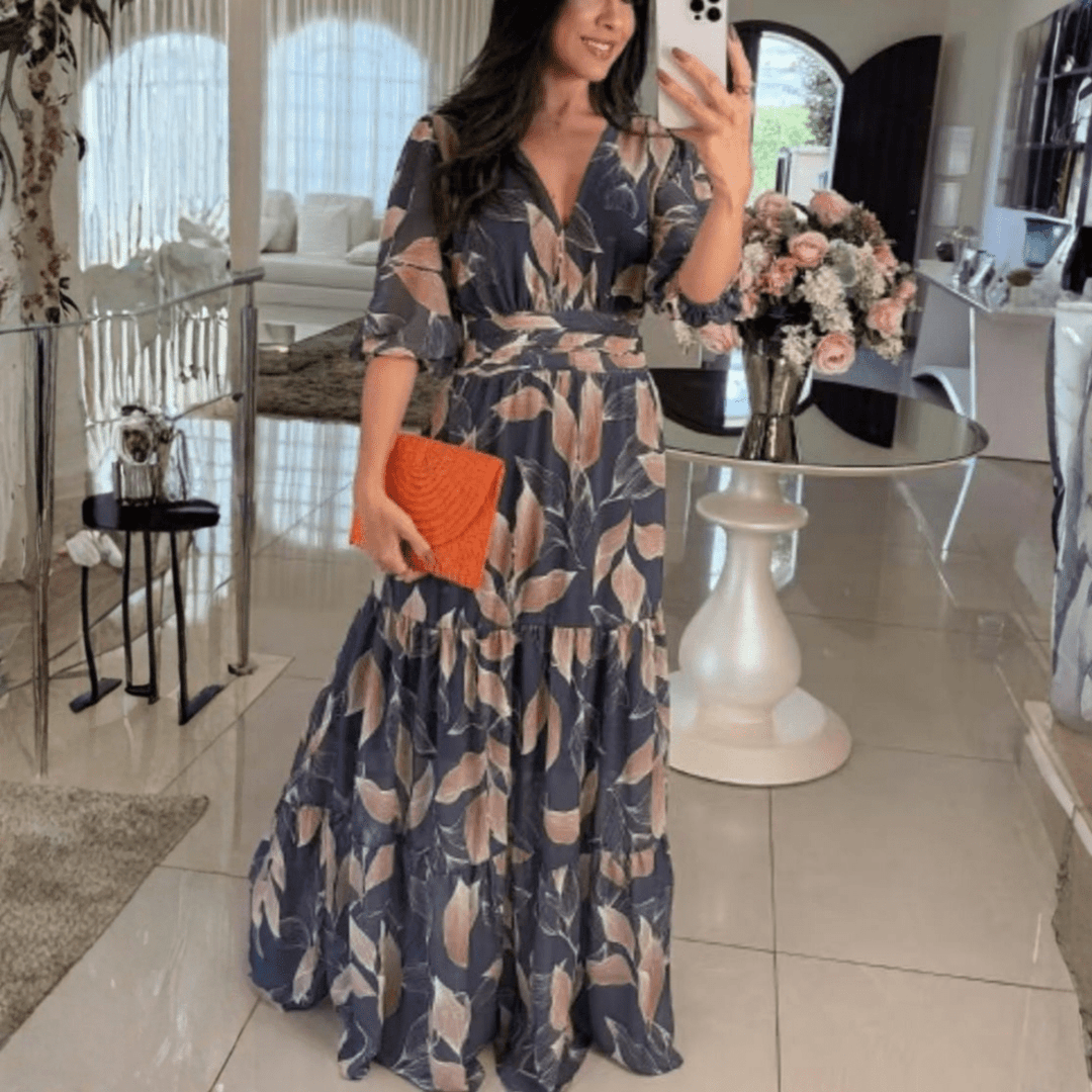 BELL™ - Elegant V - Neck Puff Sleeve Maxi Dress - Beaumonts Closet Toronto