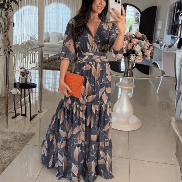BELL™ - Elegant V - Neck Puff Sleeve Maxi Dress - Beaumonts Closet Toronto