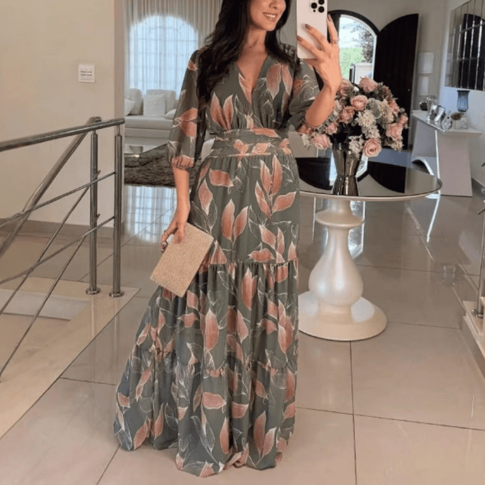 BELL™ - Elegant V - Neck Puff Sleeve Maxi Dress - Beaumonts Closet Toronto