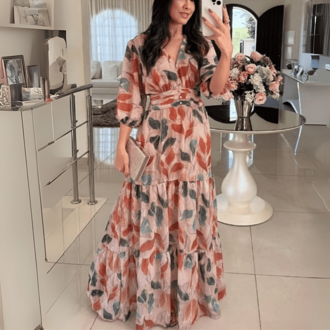 BELL™ - Elegant V - Neck Puff Sleeve Maxi Dress - Beaumonts Closet Toronto