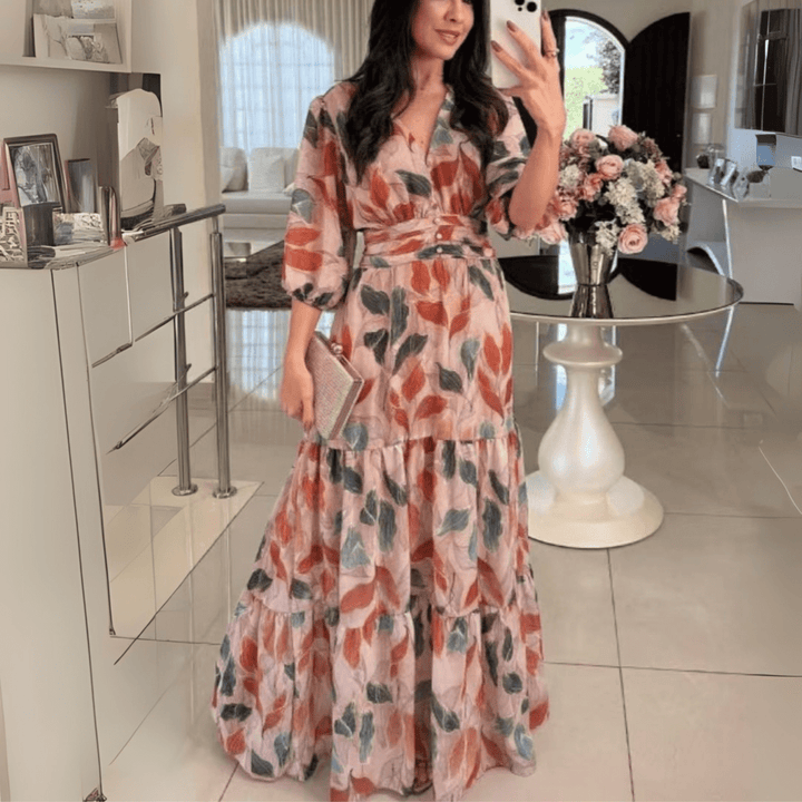 BELL™ - Elegant V - Neck Puff Sleeve Maxi Dress - Beaumonts Closet Toronto