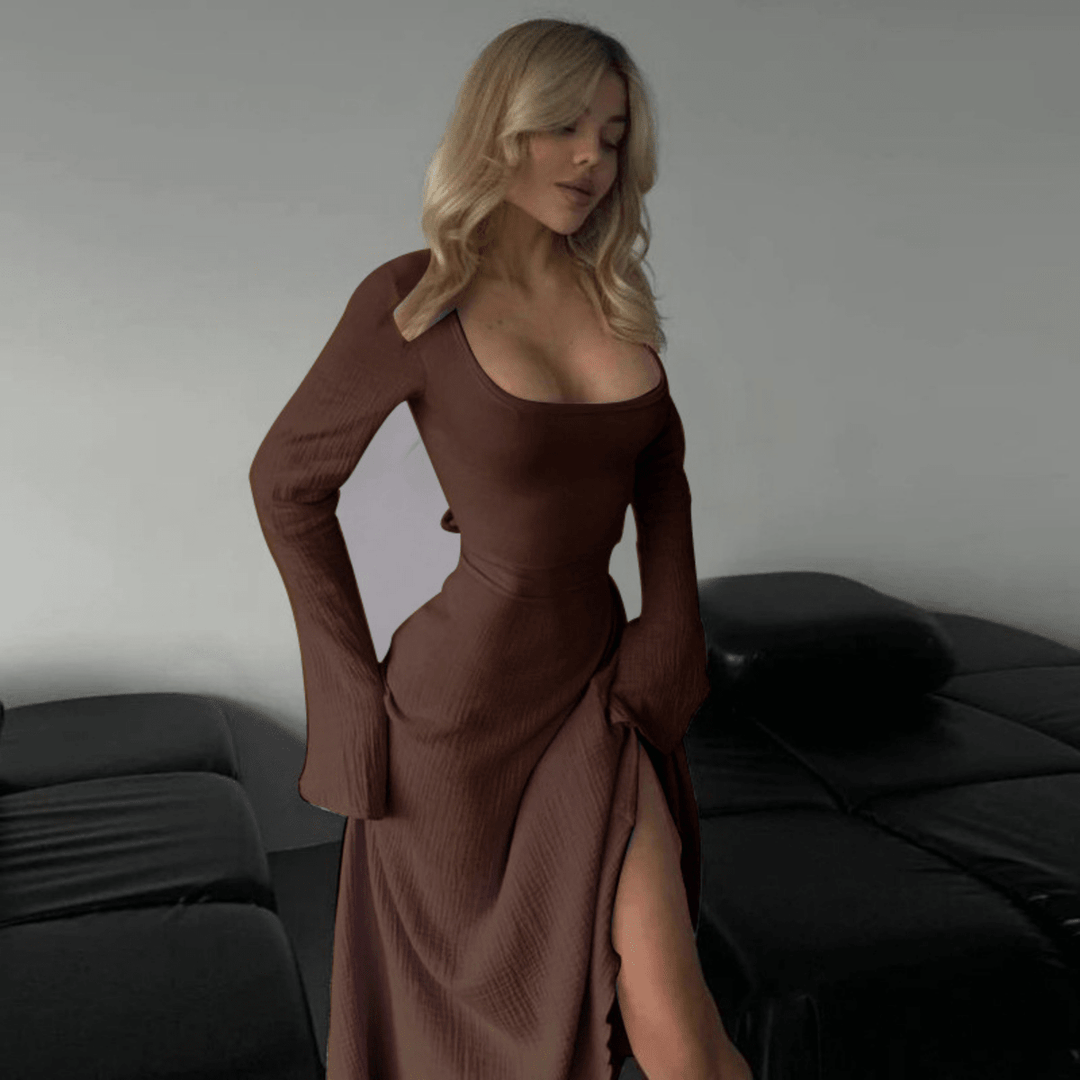 CILICIA™ - Classy Plain Flounce Long Sleeve Square Neck A - Line Maxi Dress - Beaumonts Closet Toronto
