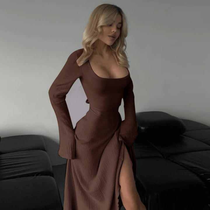 CILICIA™ - Classy Plain Flounce Long Sleeve Square Neck A - Line Maxi Dress - Beaumonts Closet Toronto