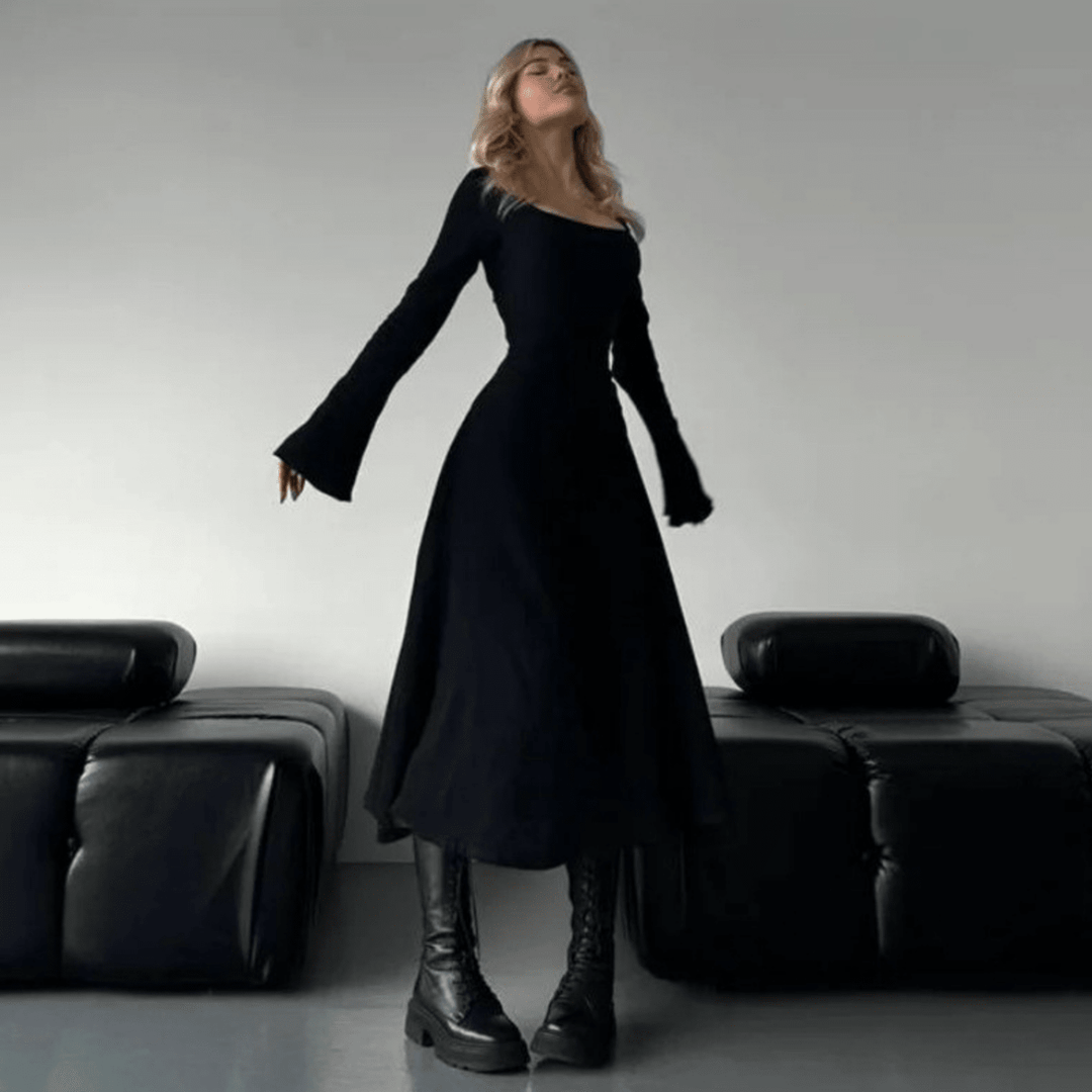 CILICIA™ - Classy Plain Flounce Long Sleeve Square Neck A - Line Maxi Dress - Beaumonts Closet Toronto