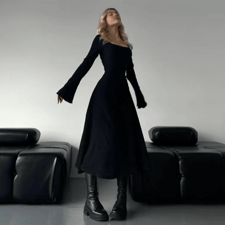 CILICIA™ - Classy Plain Flounce Long Sleeve Square Neck A - Line Maxi Dress - Beaumonts Closet Toronto