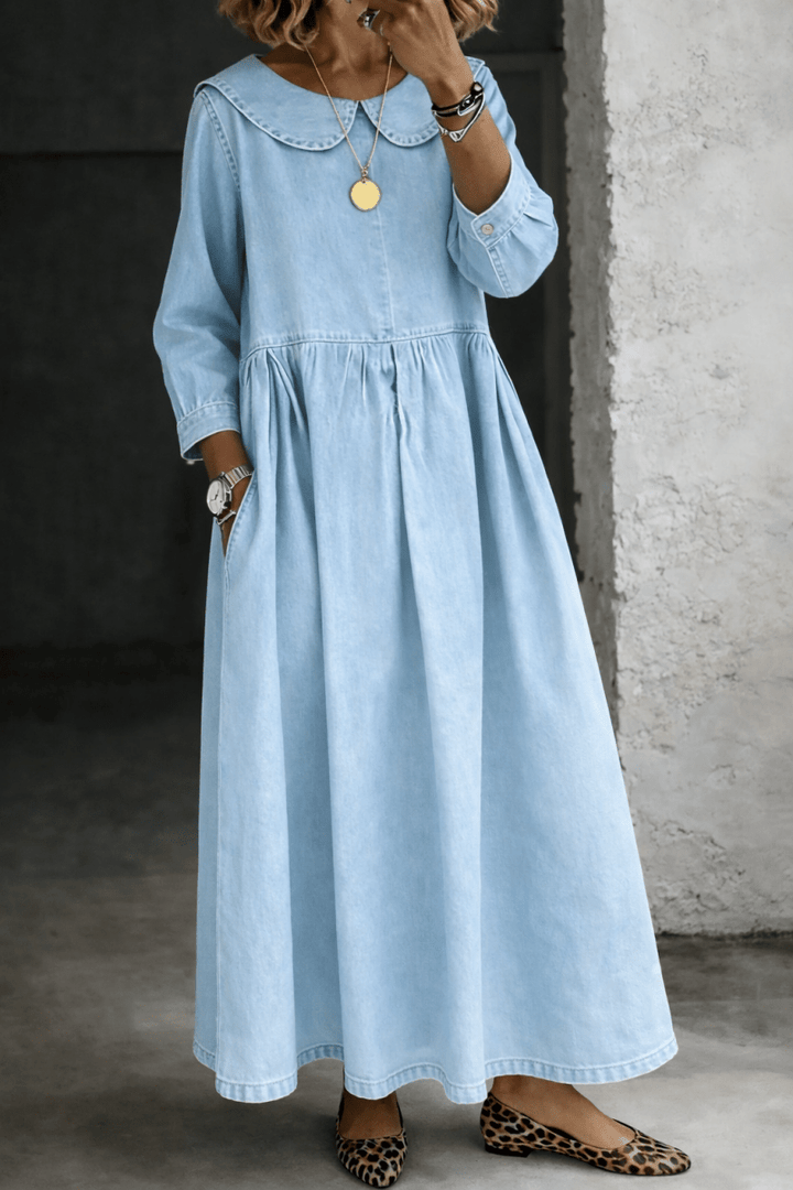 Clara | Peter Pan Collar Denim Dress - Beaumonts Closet Toronto