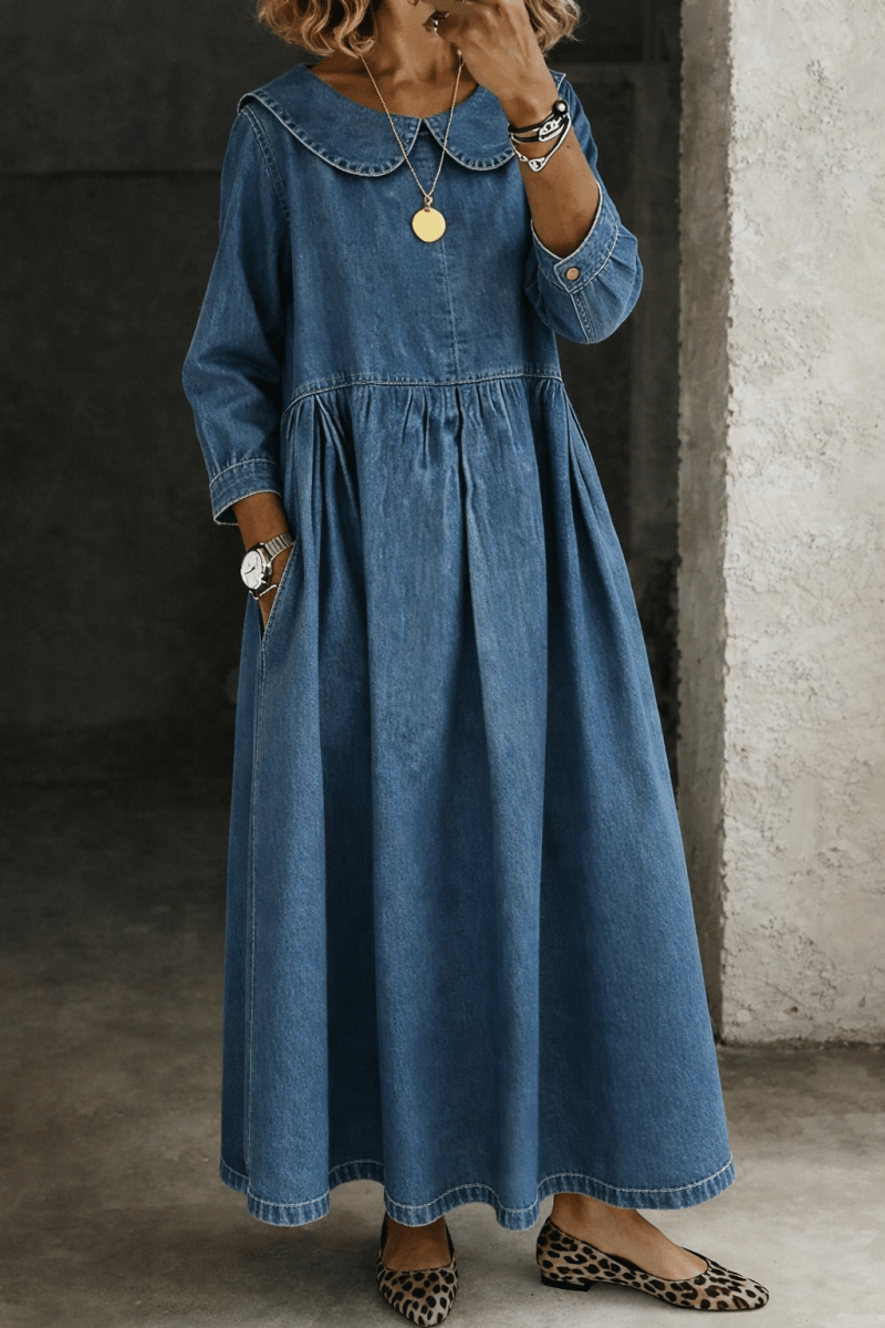 Clara | Peter Pan Collar Denim Dress - Beaumonts Closet Toronto