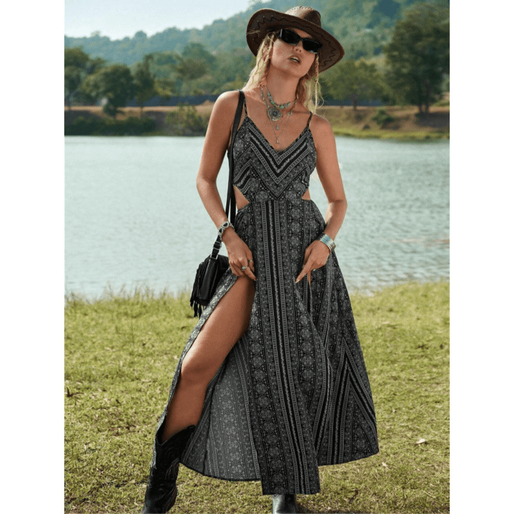CLARINDA™ – Casual Deep V - Neck Shirred Sleeveless Maxi Dress - Beaumonts Closet Toronto