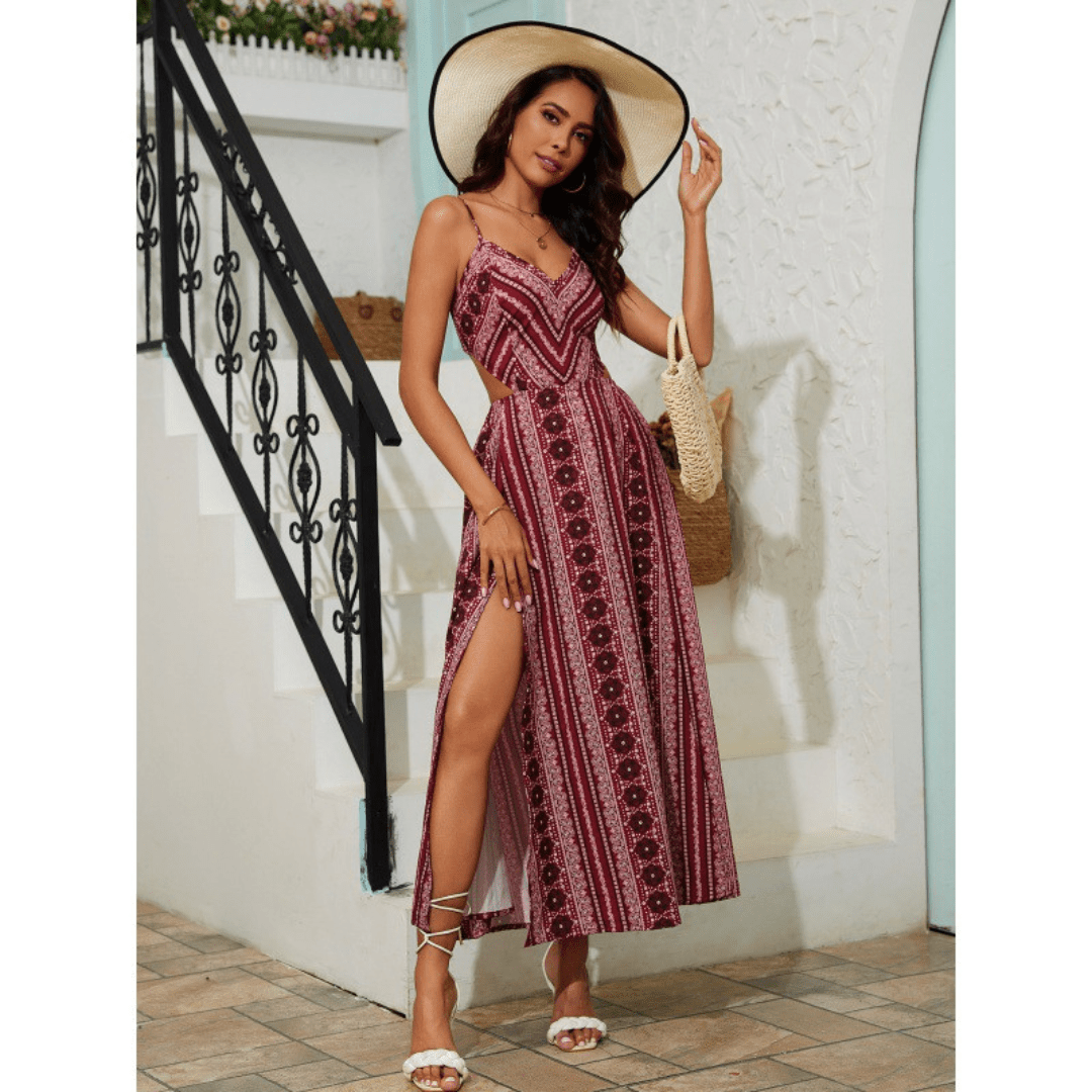 CLARINDA™ – Casual Deep V - Neck Shirred Sleeveless Maxi Dress - Beaumonts Closet Toronto