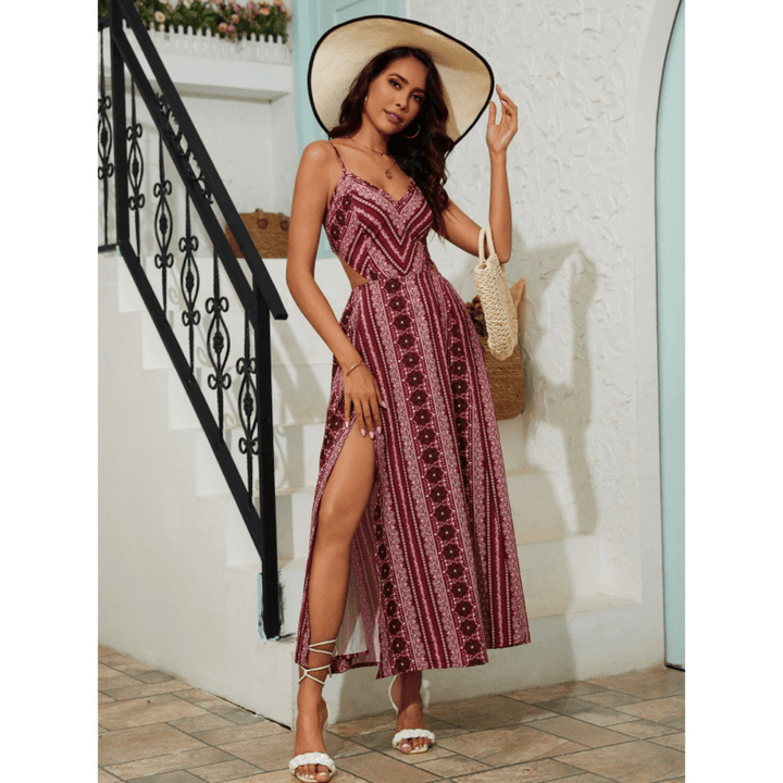 CLARINDA™ – Casual Deep V - Neck Shirred Sleeveless Maxi Dress - Beaumonts Closet Toronto