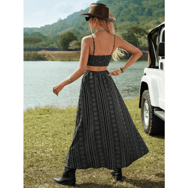 CLARINDA™ – Casual Deep V - Neck Shirred Sleeveless Maxi Dress - Beaumonts Closet Toronto