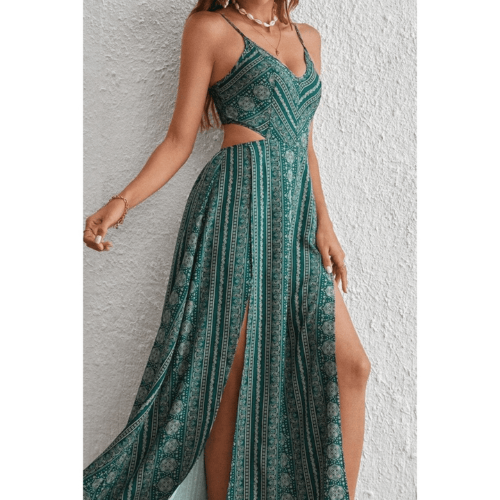 CLARINDA™ – Casual Deep V - Neck Shirred Sleeveless Maxi Dress - Beaumonts Closet Toronto