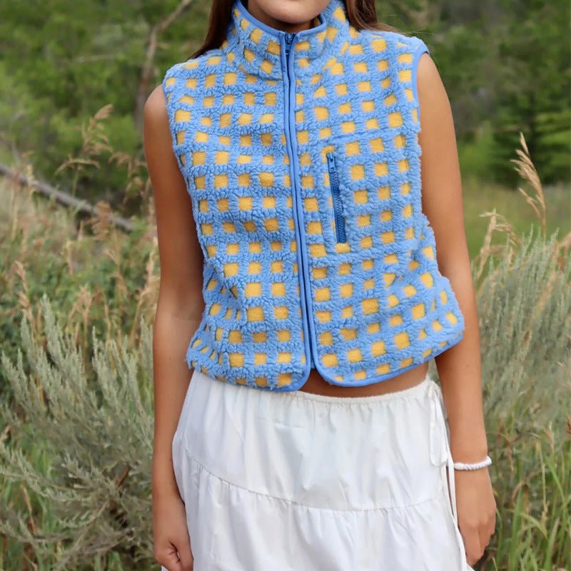 CONCUELO™ – Casual Plaid Sleeveless Zip - Up Vest - Beaumonts Closet Toronto