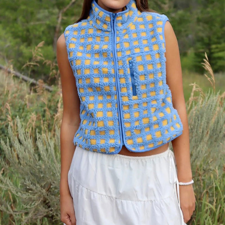 CONCUELO™ – Casual Plaid Sleeveless Zip - Up Vest - Beaumonts Closet Toronto