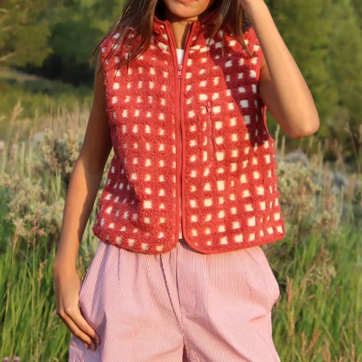 CONCUELO™ – Casual Plaid Sleeveless Zip - Up Vest - Beaumonts Closet Toronto