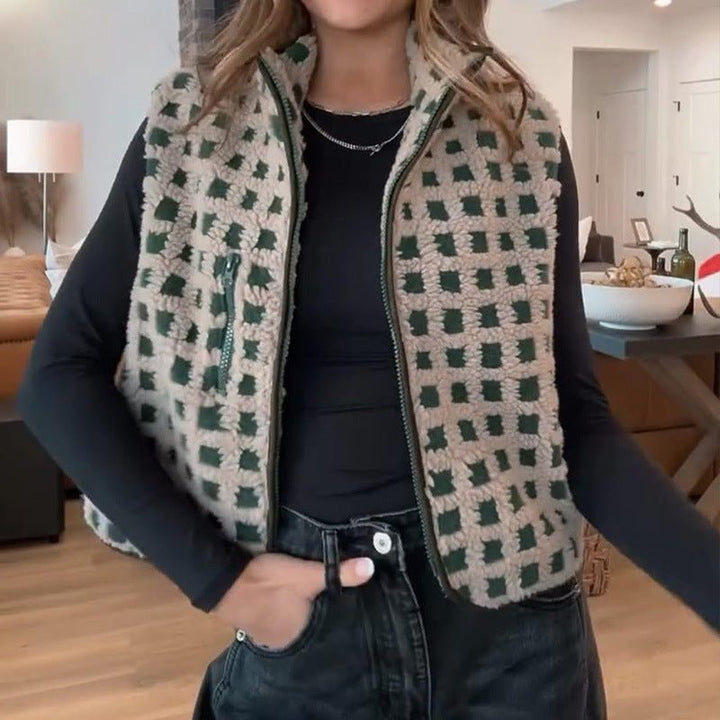 CONCUELO™ – Casual Plaid Sleeveless Zip - Up Vest - Beaumonts Closet Toronto