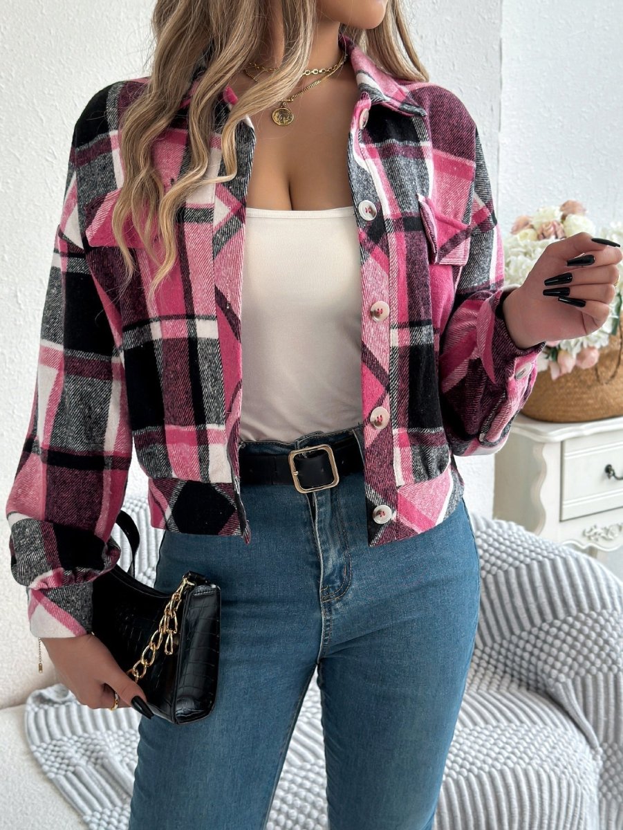 COVA™ - Casual Plaid Button Front Long Sleeve Jacket - Beaumonts Closet Toronto