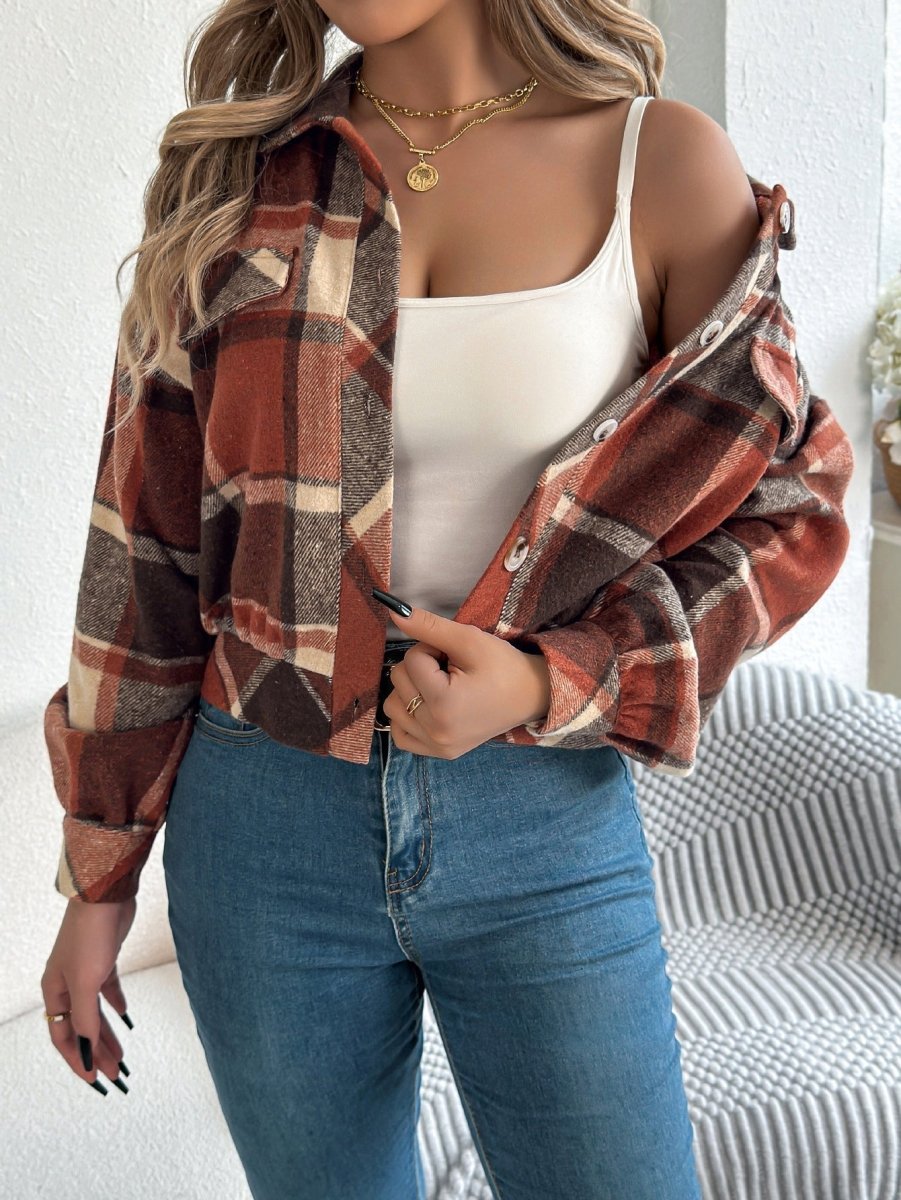 COVA™ - Casual Plaid Button Front Long Sleeve Jacket - Beaumonts Closet Toronto