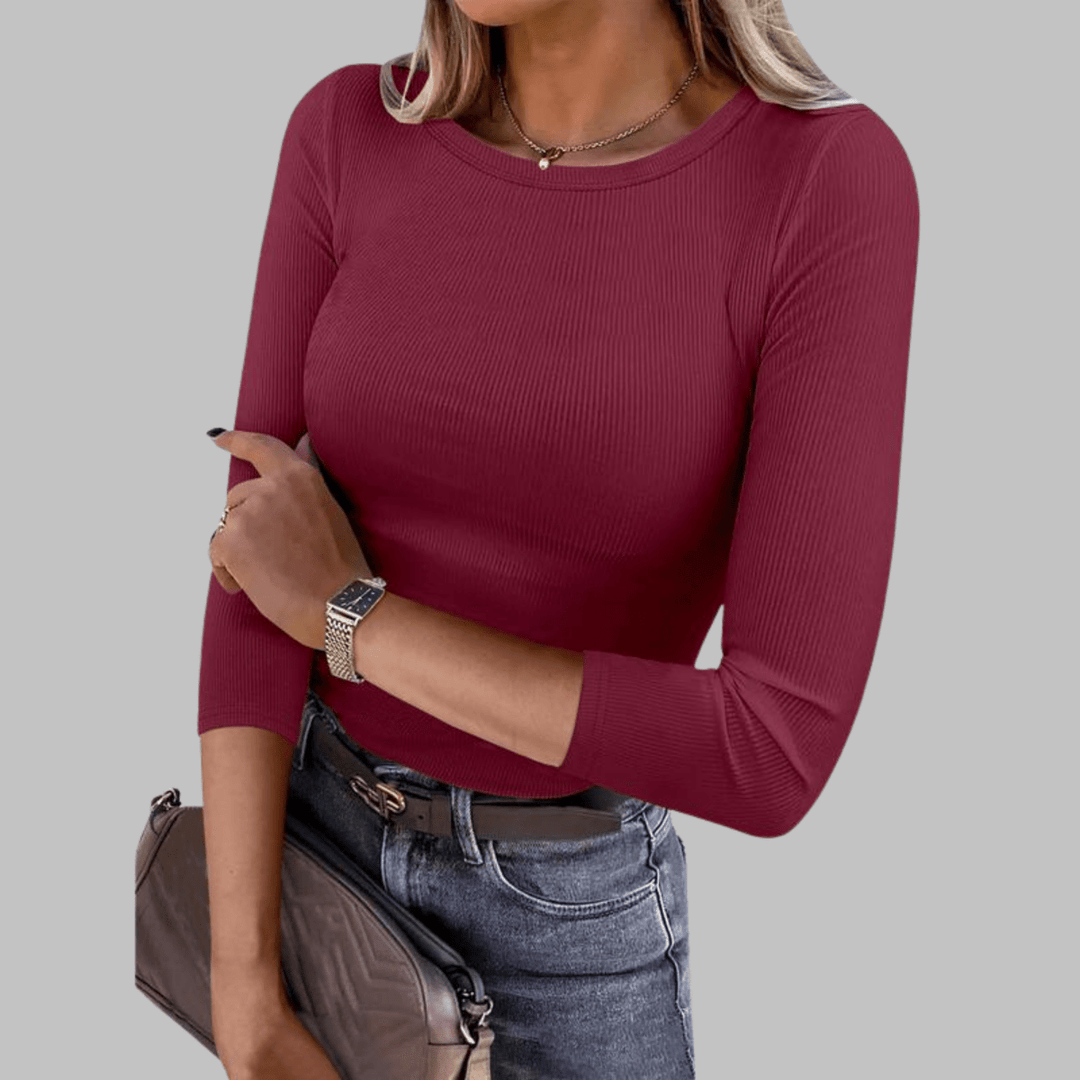DAVINA™ - Casual Plain Crewneck Slim - Fit Top - Beaumonts Closet Toronto