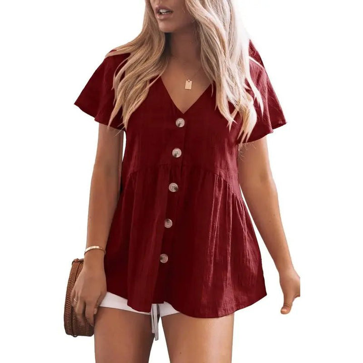 DELINA™ – Casual Cozy V - Neck Peplum Blouse - Beaumonts Closet Toronto