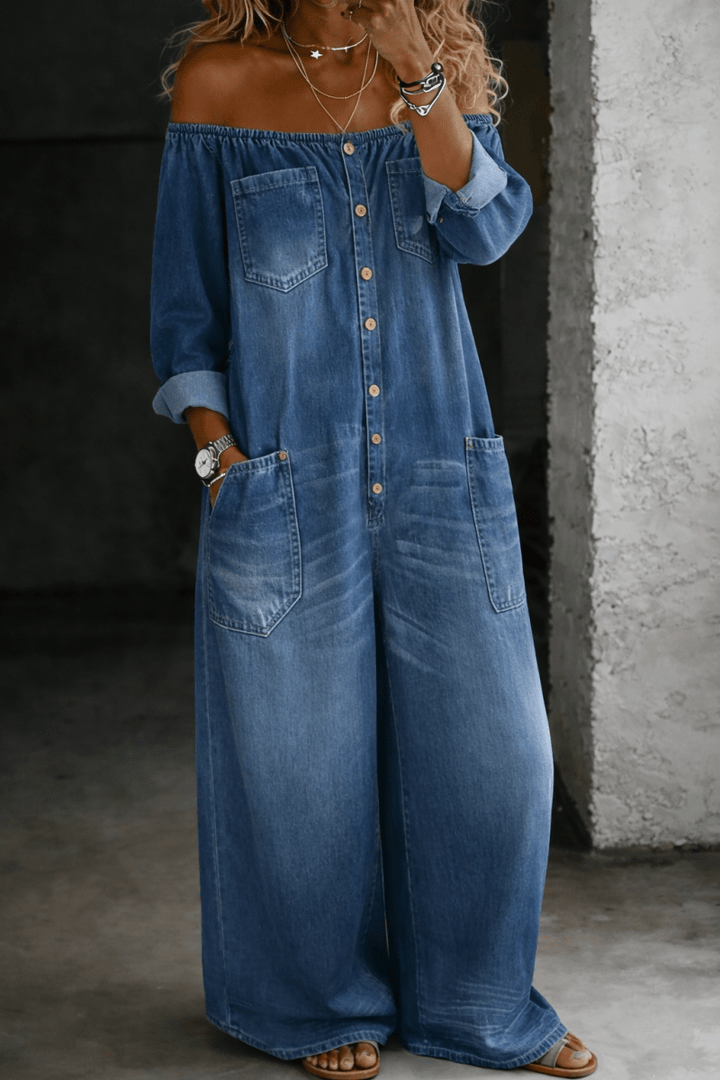 Elena | Off Shoulder Long Sleeve Jumpsuit - Beaumonts Closet Toronto
