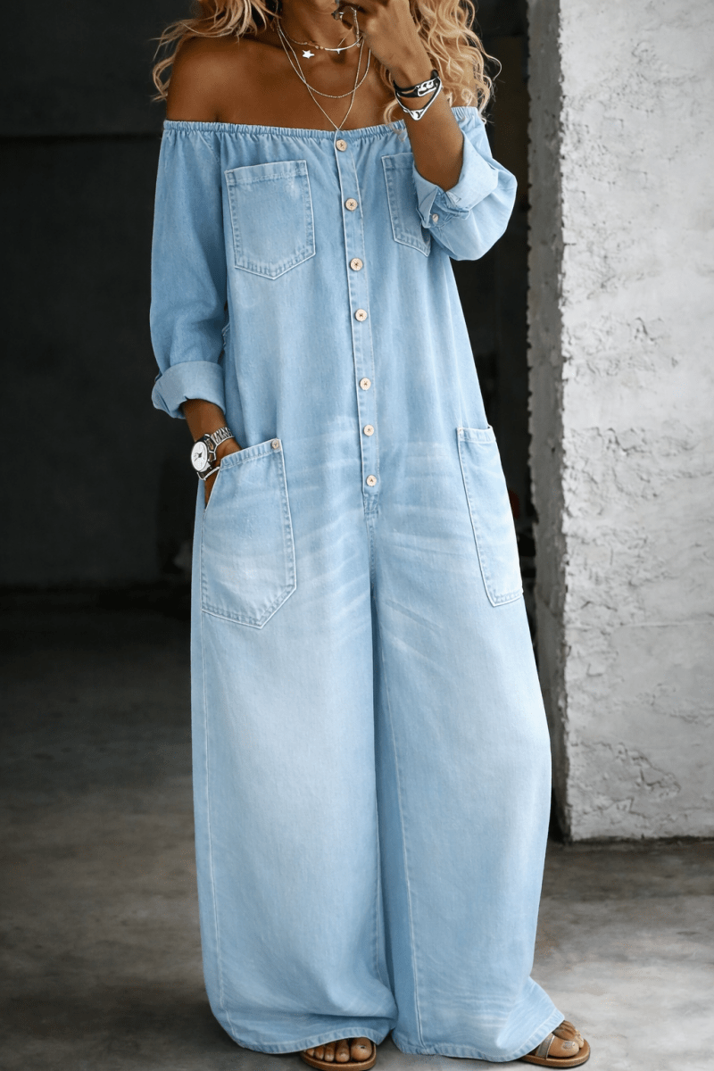 Elena | Off Shoulder Long Sleeve Jumpsuit - Beaumonts Closet Toronto