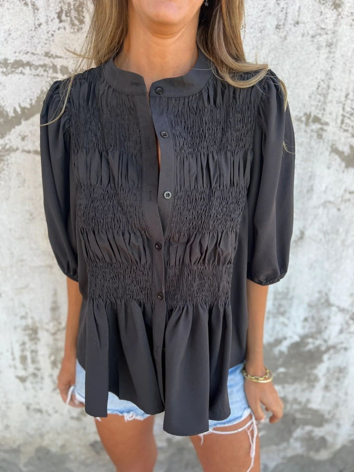 ELIZA™ - Pleated Button - Up Blouse - Beaumonts Closet Toronto