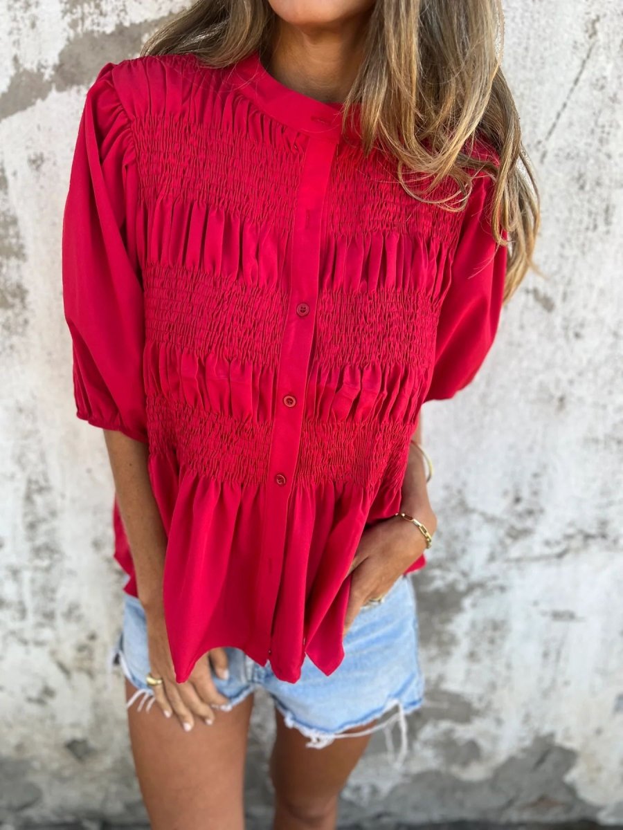 ELIZA™ - Pleated Button - Up Blouse - Beaumonts Closet Toronto