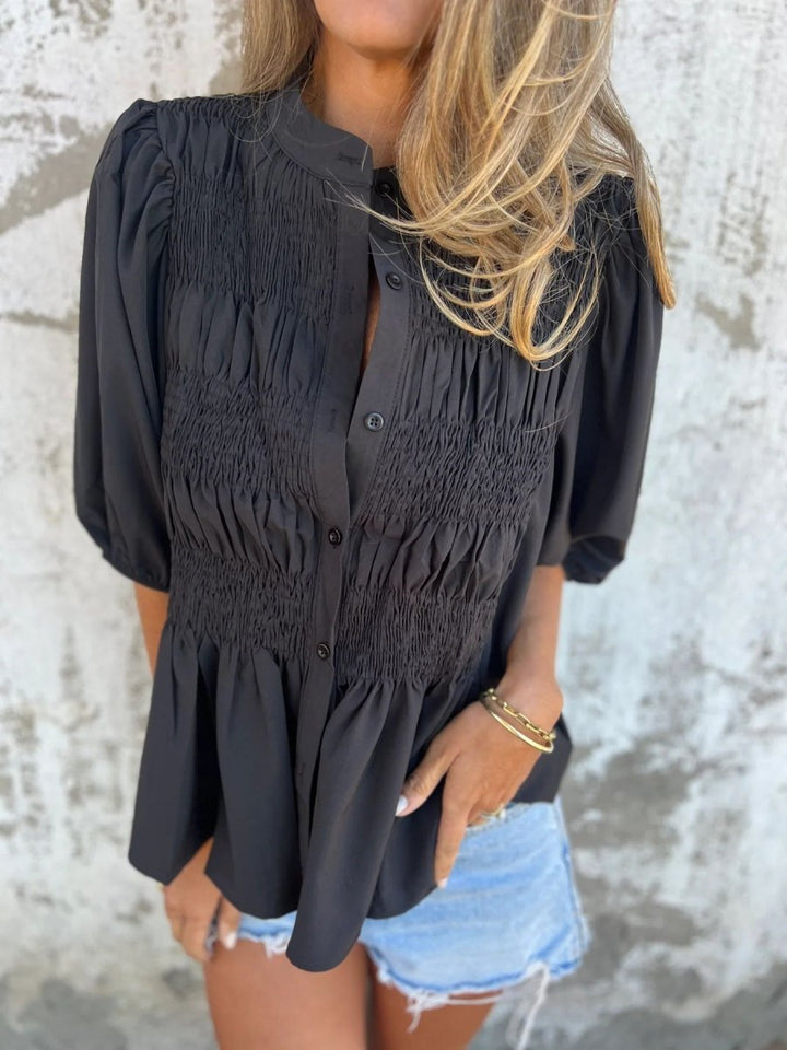 ELIZA™ - Pleated Button - Up Blouse - Beaumonts Closet Toronto