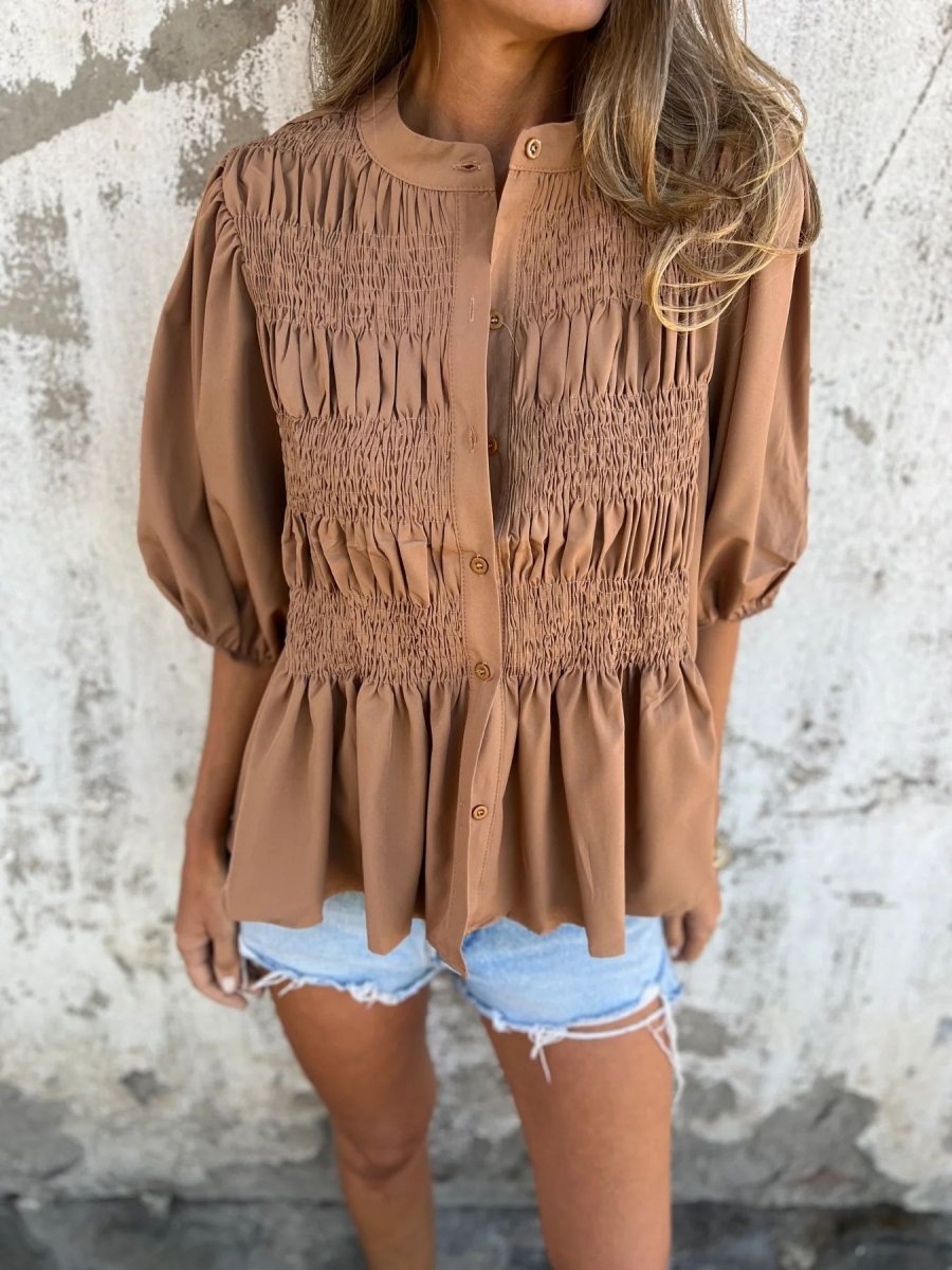 ELIZA™ - Pleated Button - Up Blouse - Beaumonts Closet Toronto
