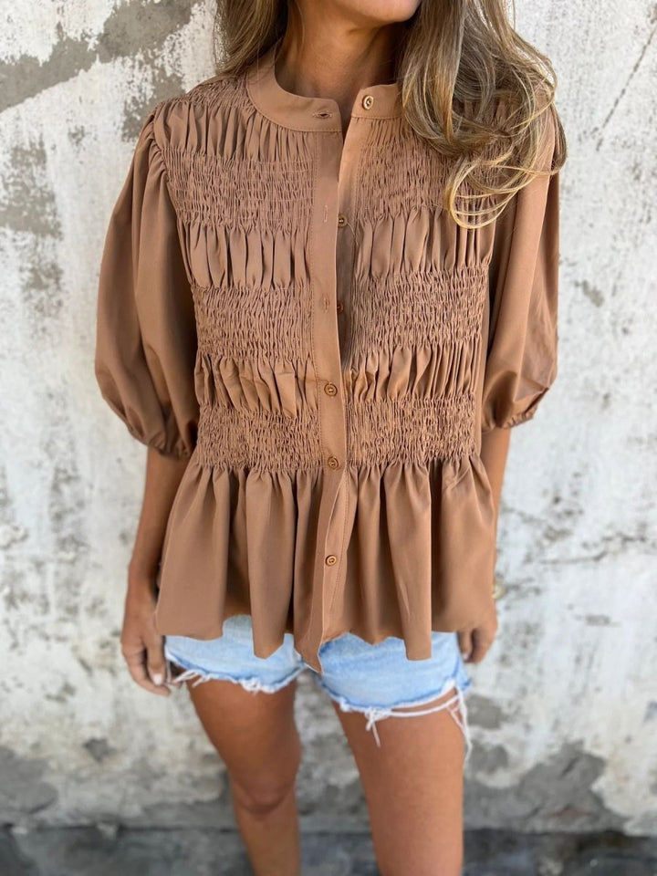 ELIZA™ - Pleated Button - Up Blouse - Beaumonts Closet Toronto