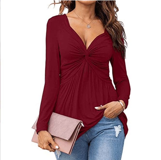 EMMA™ - Casual V - Neck Front Knotted Blouse with Long Sleeves - Beaumonts Closet Toronto