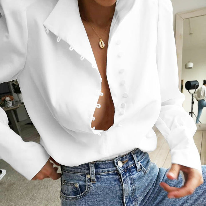FADI™ - Classy Button Front Long Sleeve Blouse - Beaumonts Closet Toronto
