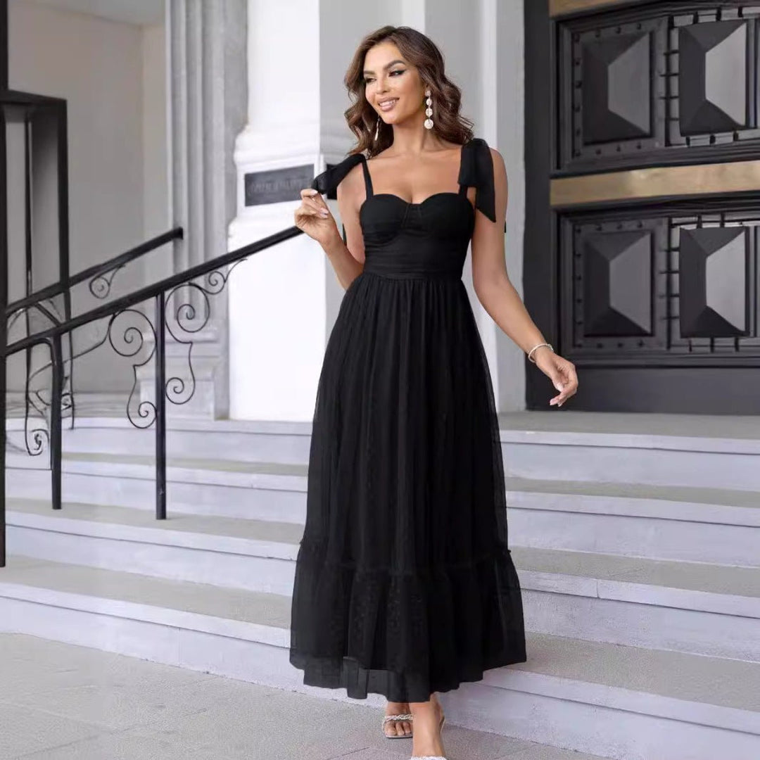 HALI™ - Vintage Ruffle Hem Tie Shoulder Formal Dress - Beaumonts Closet Toronto