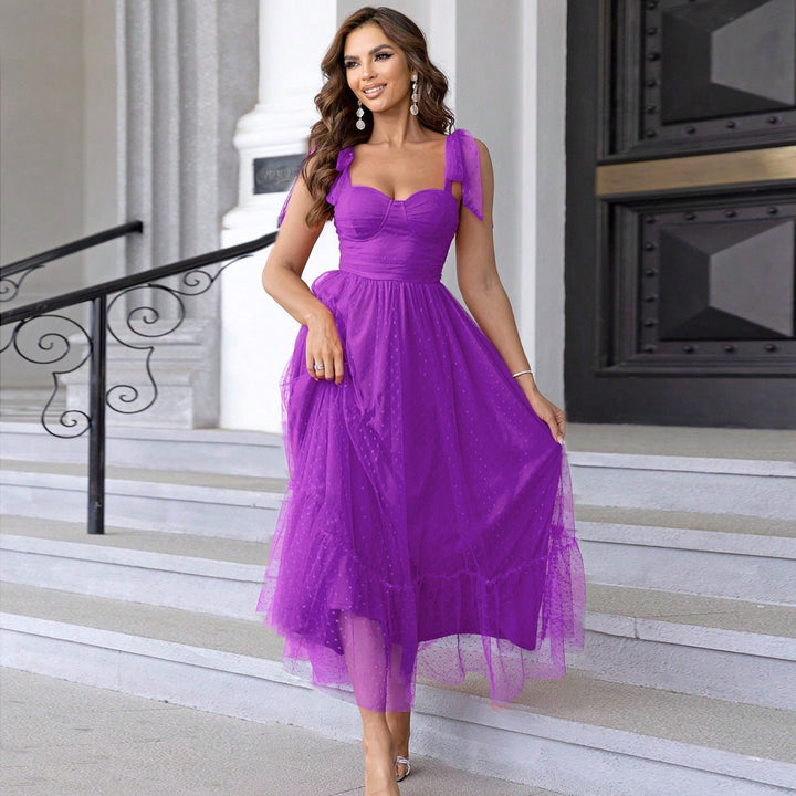 HALI™ - Vintage Ruffle Hem Tie Shoulder Formal Dress - Beaumonts Closet Toronto