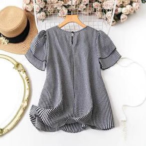 KRISTEL™ – Vintage Flowy Checkered Puff Sleeve Blouse - Beaumonts Closet Toronto