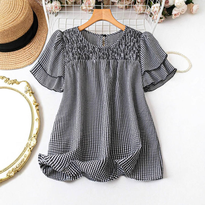 KRISTEL™ – Vintage Flowy Checkered Puff Sleeve Blouse - Beaumonts Closet Toronto