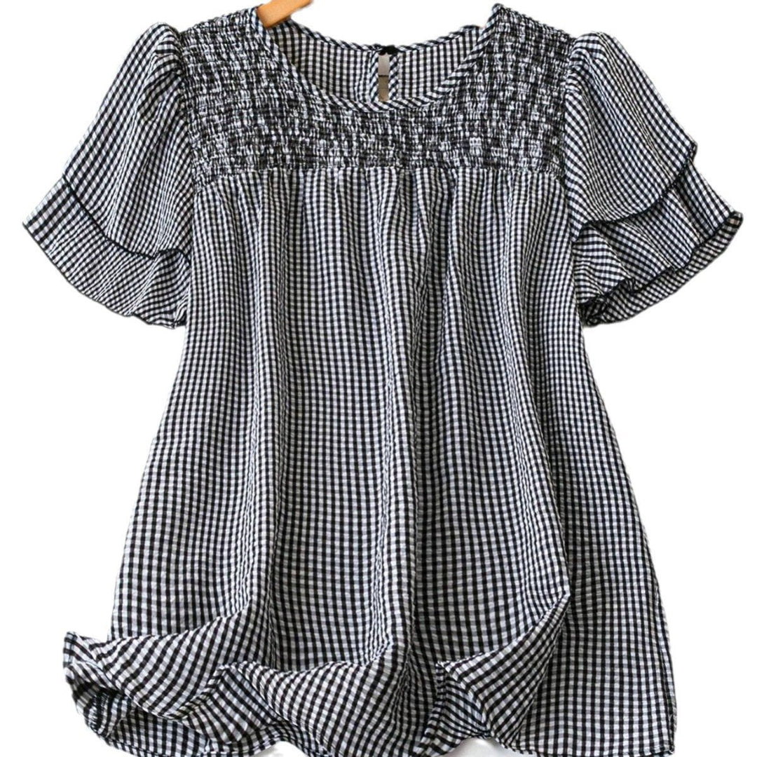 KRISTEL™ – Vintage Flowy Checkered Puff Sleeve Blouse - Beaumonts Closet Toronto