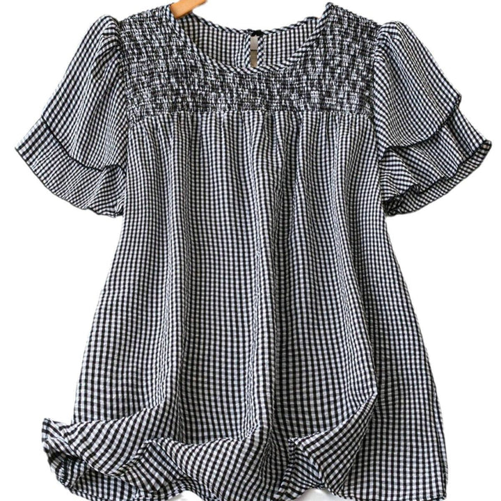 KRISTEL™ – Vintage Flowy Checkered Puff Sleeve Blouse - Beaumonts Closet Toronto