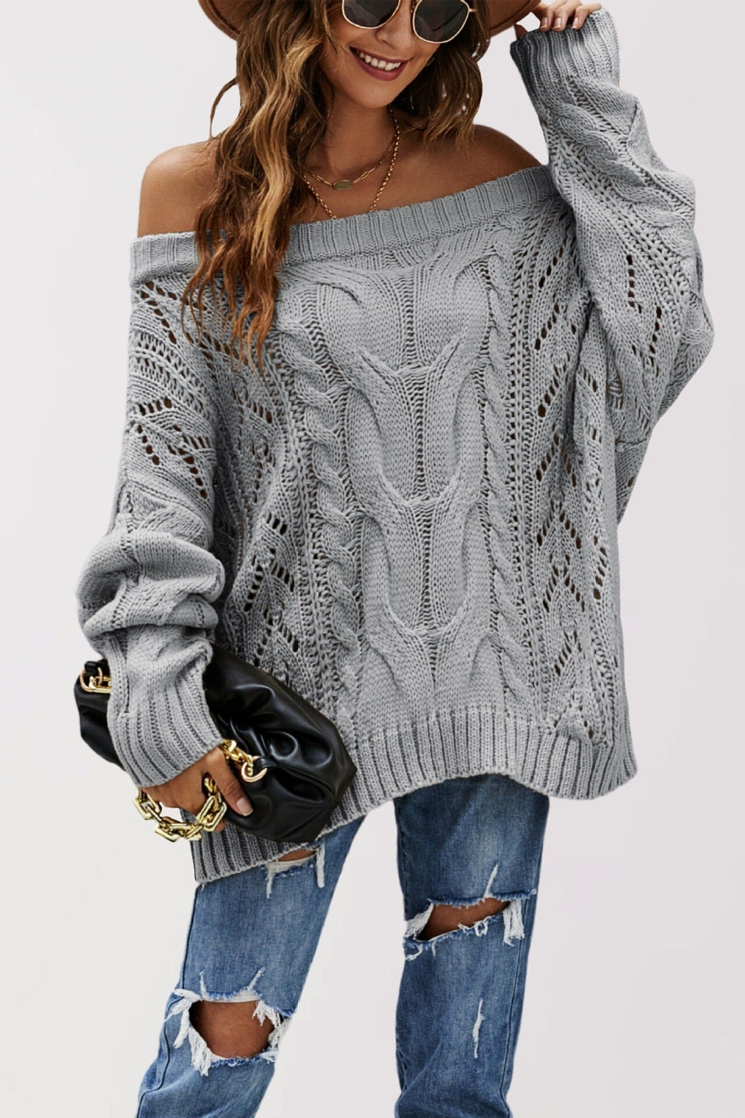 LENNY™ - Chic Off Shoulder Long Sleeve Sweater Beaumonts Closet Toronto Gray S 