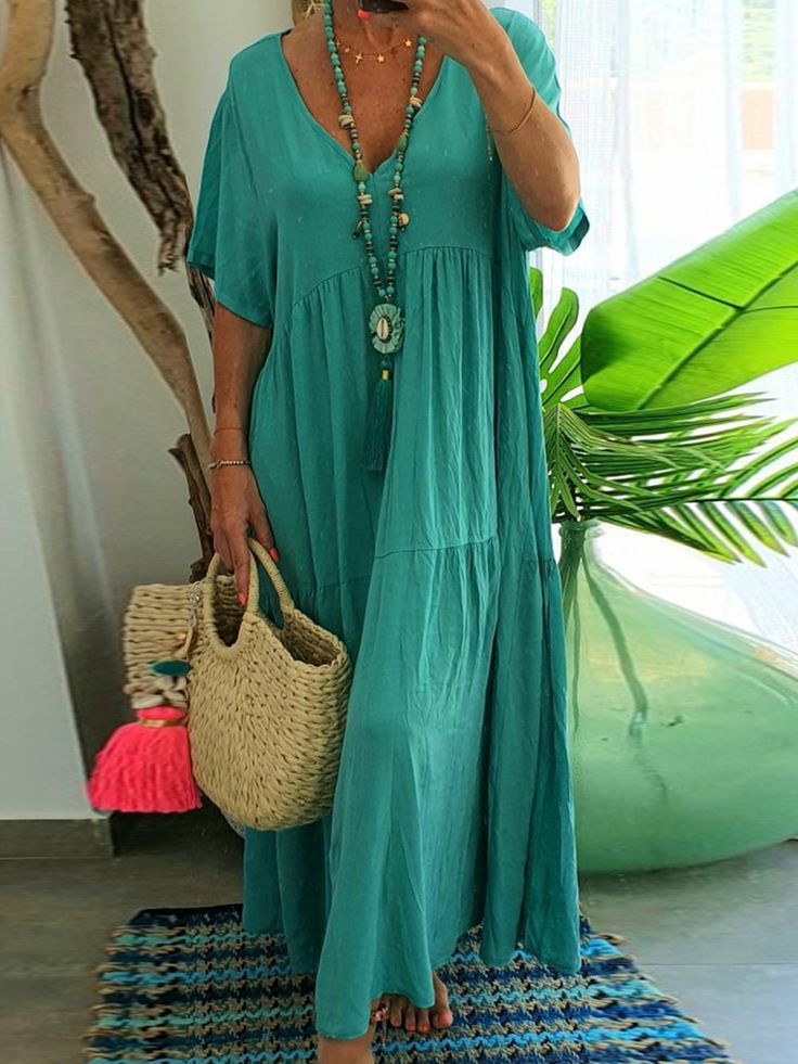LINNEA™ – Soft Ruffle V - Neck Maxi Dress - Beaumonts Closet Toronto
