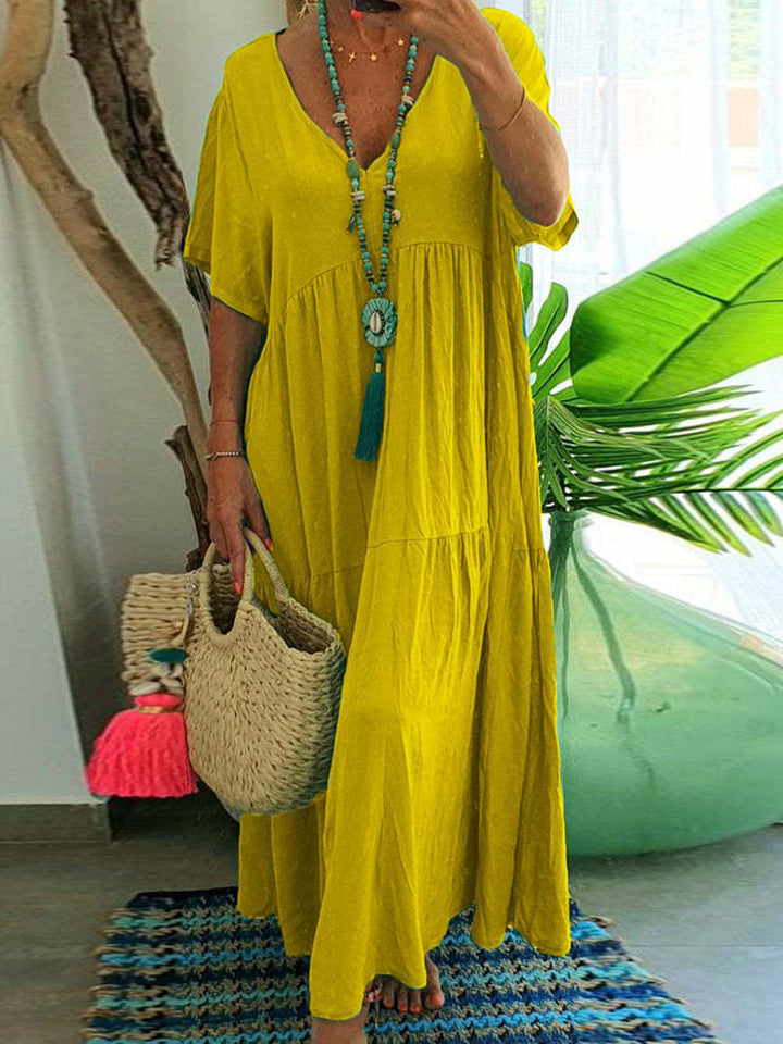 LINNEA™ – Soft Ruffle V - Neck Maxi Dress - Beaumonts Closet Toronto