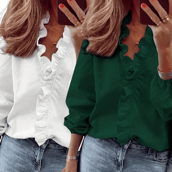 LORELEI™ - Timeless V - Neck Blouse with Ruffles for Casual Elegance - Beaumonts Closet Toronto