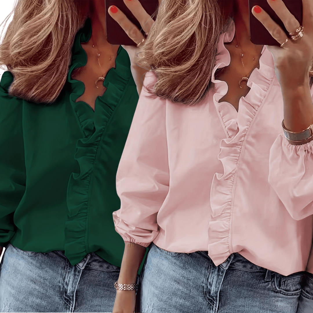 LORELEI™ - Timeless V - Neck Blouse with Ruffles for Casual Elegance - Beaumonts Closet Toronto