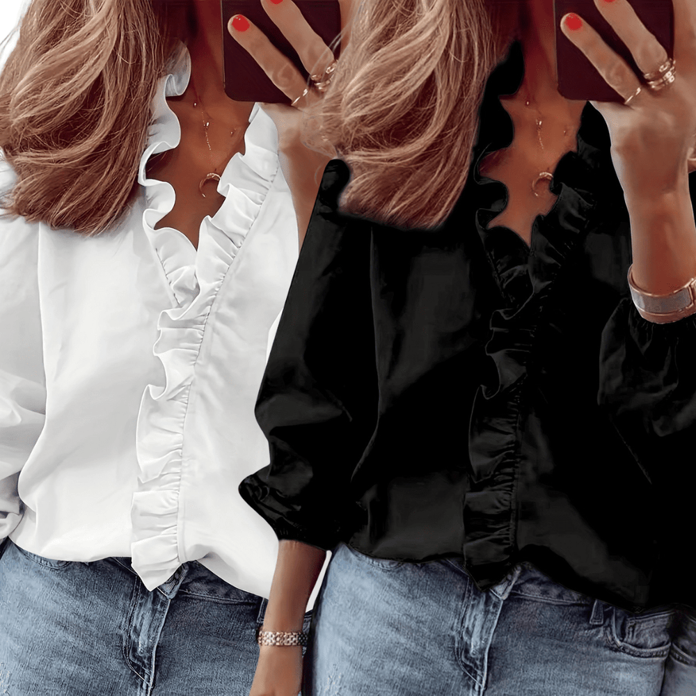 LORELEI™ - Timeless V - Neck Blouse with Ruffles for Casual Elegance - Beaumonts Closet Toronto