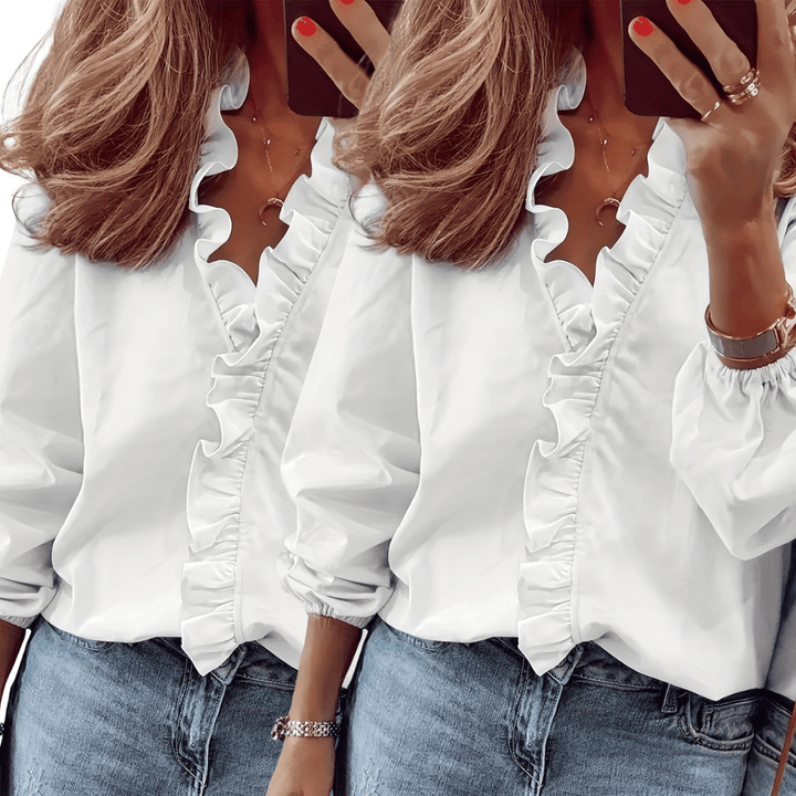 LORELEI™ - Timeless V - Neck Blouse with Ruffles for Casual Elegance - Beaumonts Closet Toronto