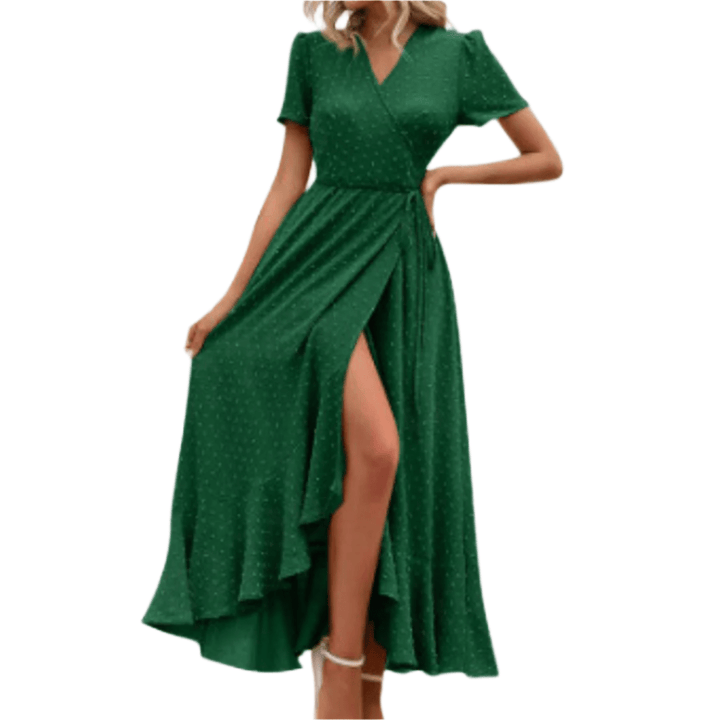 MARJORIE™ - Cozy Summer Wrap Ruffle Hem Split Maxi Dress - Beaumonts Closet Toronto